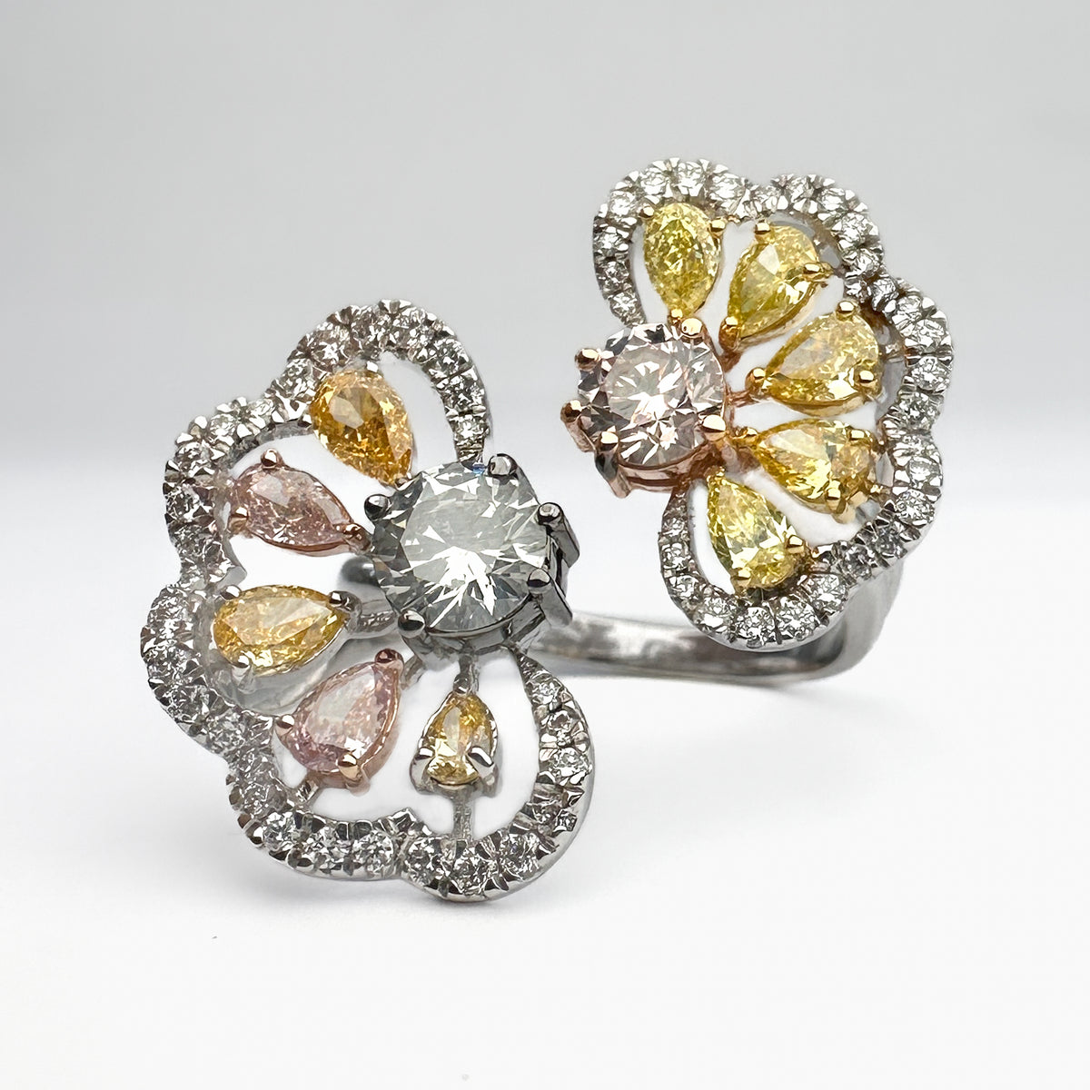 Yellow, Pink &amp; White Diamond Flower Ring