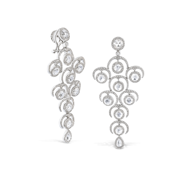 Rose Cut Diamond Grape Chandelier Drop Earrings; set with rose-cut and round brilliant-cut diamonds, 9.20 carat total. Diamonds are E/F colour VS/VVS clarity