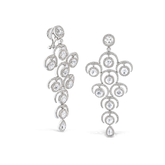Rose Cut Diamond Grape Chandelier Drop Earrings; set with rose-cut and round brilliant-cut diamonds, 9.20 carat total. Diamonds are E/F colour VS/VVS clarity