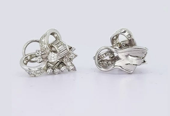 Vintage 1960's Diamond Set Bow Earrings in 18ct White Gold