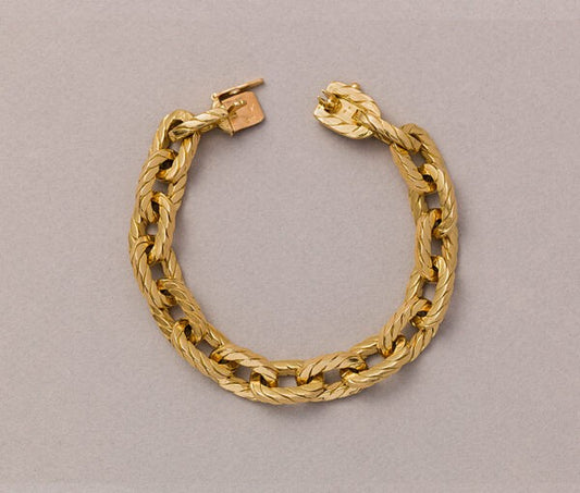 Vintage 18ct Yellow Gold Fancy Link Bracelet; with fancy oval rope twist design links. Master mark for Rollang & Cie