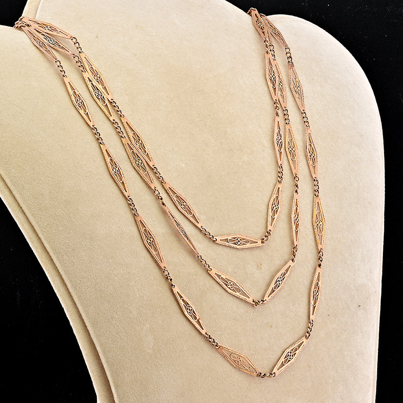 Antique Art Nouveau Filigree Lozenge 9ct Rose Gold Long Chain Necklace