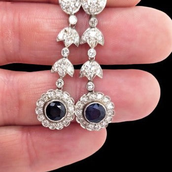 Art Deco 1.70ct Sapphire and Diamond Floral Cluster Drop Earrings in Platinum
