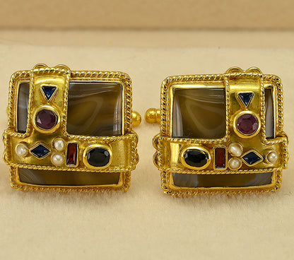 Vintage Percossi Papi Agate Multi Gemstone 18ct Yellow Gold Cufflinks