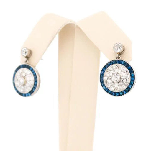 Art Deco Style 1ct Old Mine Cut Diamond and Sapphire Cluster Drop Earrings in Platinum