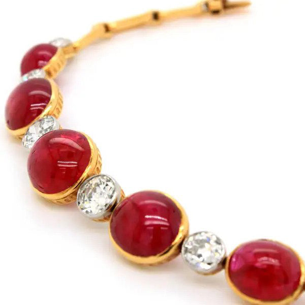 19th Century Antique 30ct Cabochon Burmese Ruby and 6ct Old Cut Diamond Bracelet Necklace
