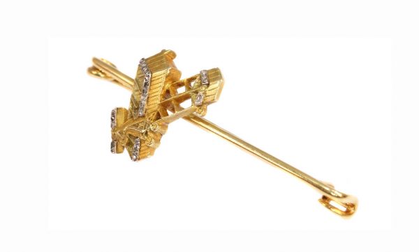 Unique Engraved Diamond and 18ct Yellow Gold Aviation Brooch, c.1908