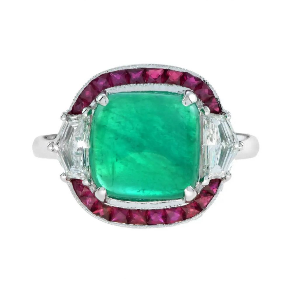 4.12ct Cabochon Natural Colombian Emerald with Ruby and Diamond Halo Ring