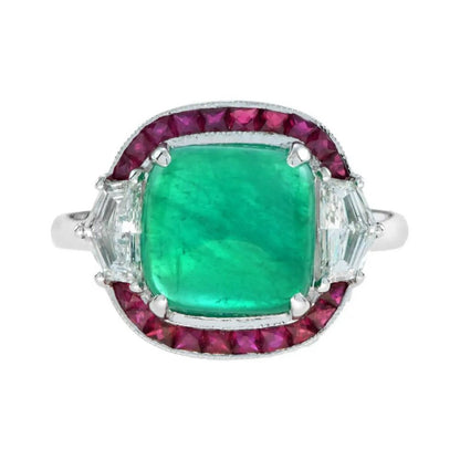 4.12ct Cabochon Natural Colombian Emerald with Ruby and Diamond Halo Ring