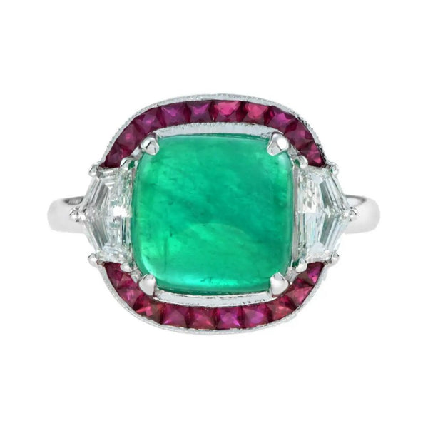 4.12ct Cabochon Natural Colombian Emerald with Ruby and Diamond Halo Ring