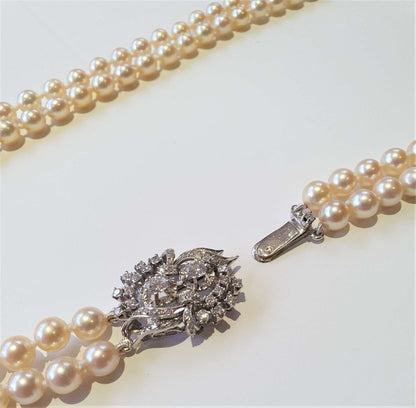 Vintage 1950s Double Row Akoya Pearl Necklace with Diamond Clasp, 1.75 carat total