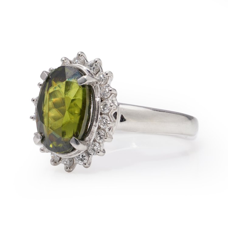 Peridot and Diamond Oval Cluster Ring Platinum