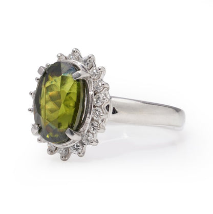 Peridot and Diamond Oval Cluster Ring Platinum