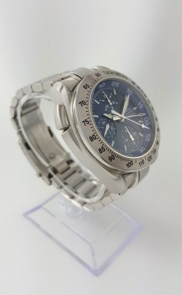 Omega Speedmaster Split Seconds Chronograph Automatic 42mm Stainless Steel Gentleman's Wrist Watch, blue dial, luminous hands, sapphire crystal. In mint condition, with Omega box.