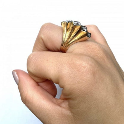 Vintage 1940s Diamond Five Row Fan Cocktail Ring in 18ct Yellow Gold