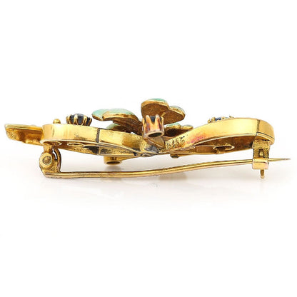 Art Nouveau Sapphire Pearl and Enamel Flower Brooch