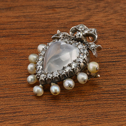 Victorian Antique Carved 3ct Moonstone Heart 1.40ct Old Mine Cut Diamond and Natural Pearl Pendant come Brooch