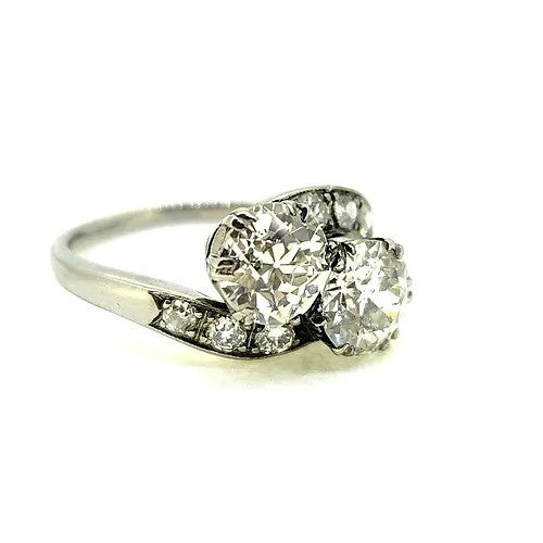Antique Old Cut Diamond Toi et Moi Two Stone Crossover Engagement Ring in Platinum, 2.50 carats