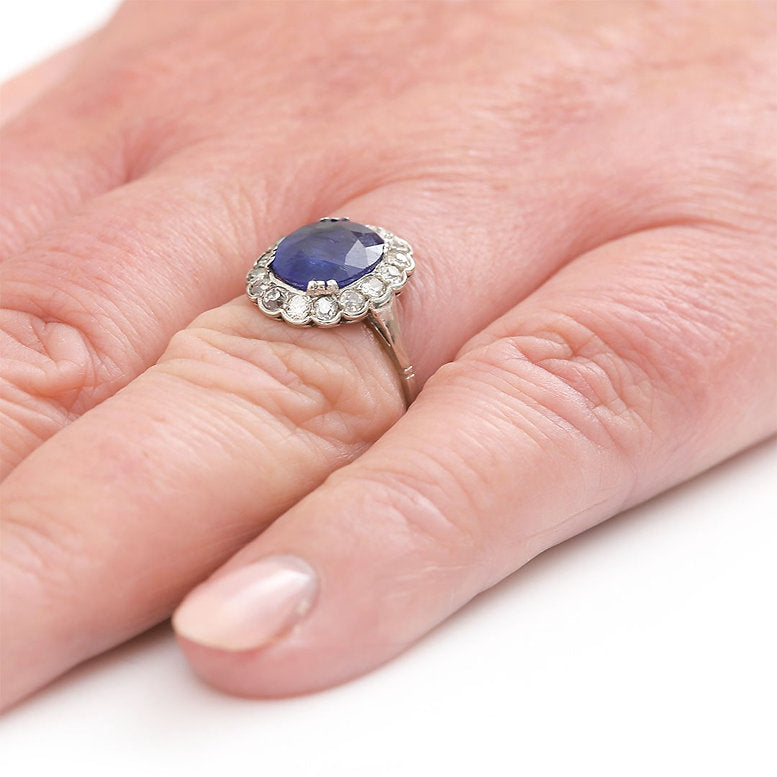 Art Deco 2.8ct Sapphire and Old Cut Diamond Cluster Ring