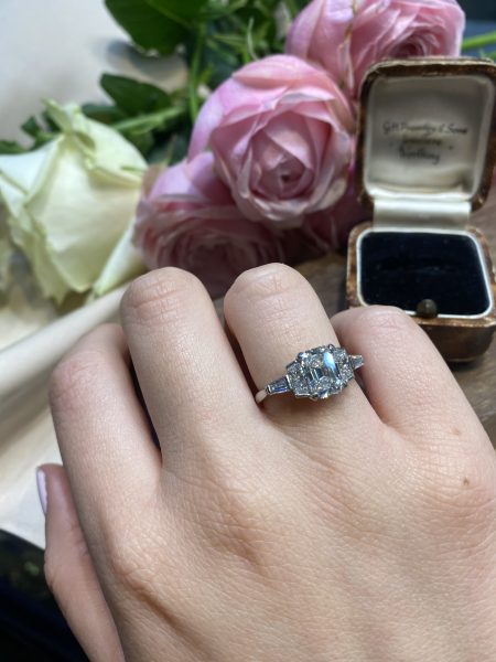 Vintage Art Deco 1.71 Emerald Cut Diamond Three Stone Ring in Platinum