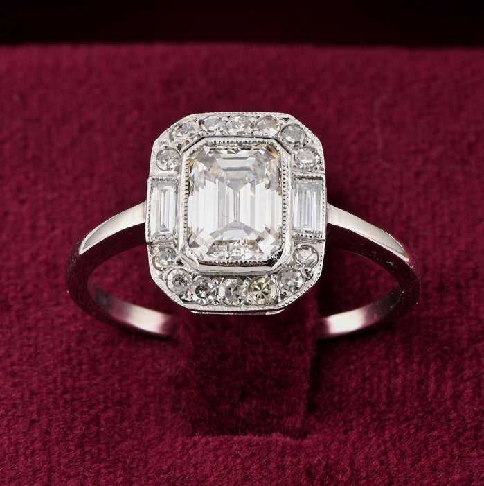 Art Deco 1.20ct Emerald Cut Diamond Cluster Engagement Ring in Platinum