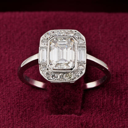 Art Deco 1.20ct Emerald Cut Diamond Cluster Engagement Ring in Platinum