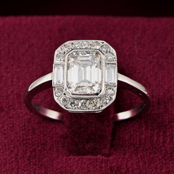 Art Deco 1.20ct Emerald Cut Diamond Cluster Engagement Ring in Platinum