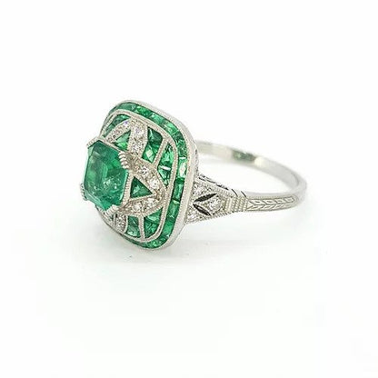 Art Deco Style Colombian Emerald, Diamond and Platinum Cocktail Ring