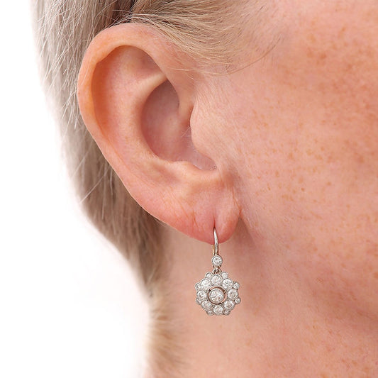 Vintage 1.20ct Diamond Floral Cluster Drop Earrings