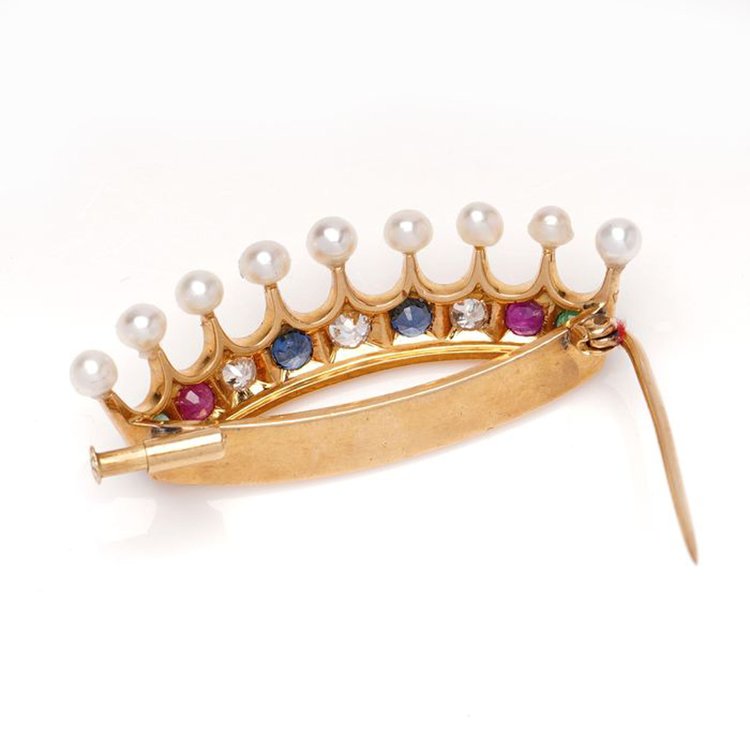 Art Deco 18ct Gold Crown Brooch with Multiple Gemstones and Pearls