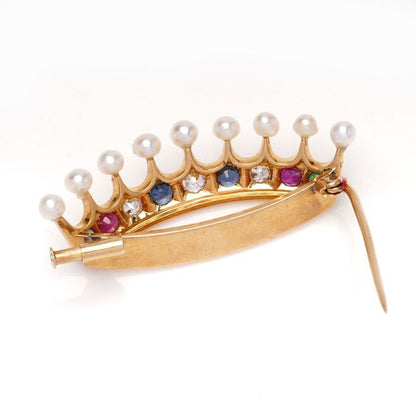 Art Deco 18ct Gold Crown Brooch with Multiple Gemstones and Pearls