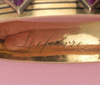 Antique Victorian Ruby, Diamond, Enamel and 18ct Gold Bangle Bracelet, with an invisible hinge, Signed Lefebvre, France, Circa 1870.