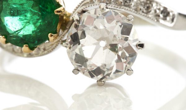 Natural Colombian Emerald and Diamond Crossover Ring in Platinum