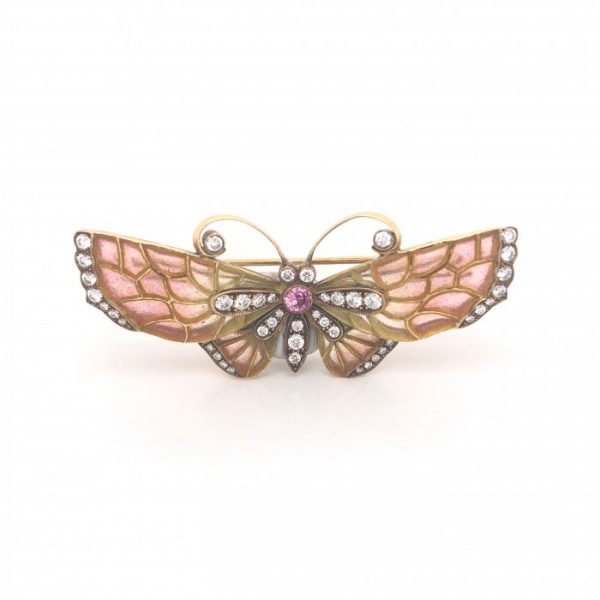 Red to Yellow Plique a Jour Enamel Butterfly Brooch with Diamonds and Ruby