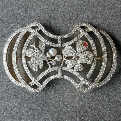 Art Nouveau Diamond Trefoil Brooch with Pearl and Ruby