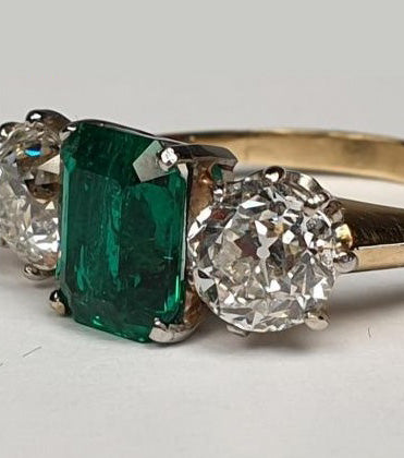 Certified 1.25ct Colombian Emerald and Old Cut Diamond Three Stone Ring