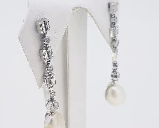 Natural Pearl and Diamond Drop Earrings, 18ct White Gold, Certified