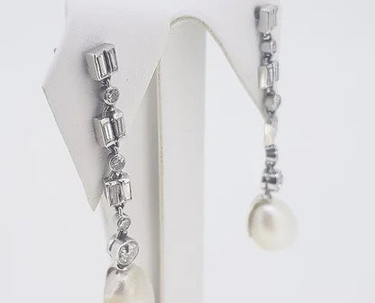 Natural Pearl and Diamond Drop Earrings, 18ct White Gold, Certified