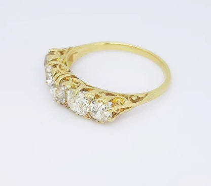 Antique Victorian 2.50ct Old Cut Diamond Five Stone Ring, in 18ct Gold, with carved scrolled mount