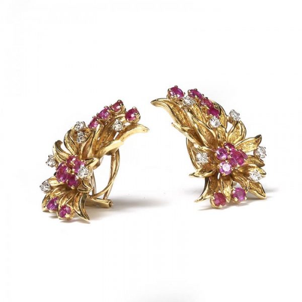 Vintage Ruby, Diamond and 18ct Yellow Gold Floral Earrings, 3.50 carats