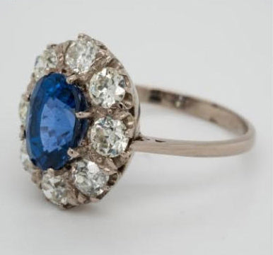 Vintage Ceylon Sapphire and Old Cut Diamond Cluster Ring, 3 carats