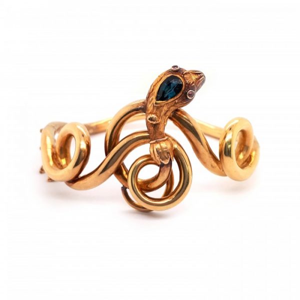 Antique Victorian Sapphire, Ruby and Gold Snake Bangle Bracelet