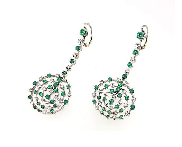 Contemporary Emerald and Diamond Circular Openwork Drop Earrings