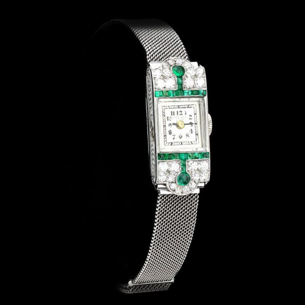 Art Deco Diamond, Emerald and Platinum Manual Cocktail Watch by Drecier and Co