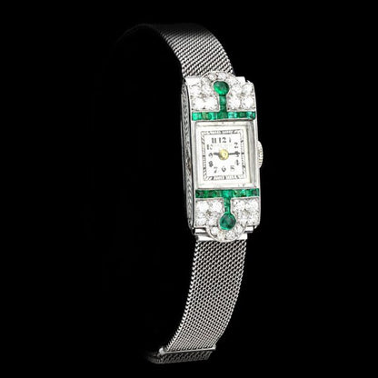 Art Deco Diamond, Emerald and Platinum Manual Cocktail Watch by Drecier and Co