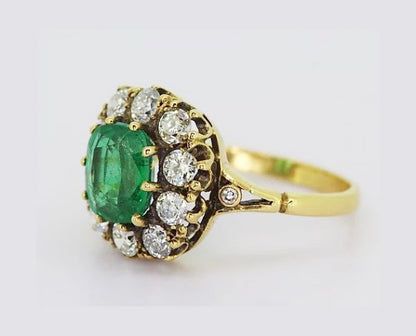 Antique 2.05ct Cushion Cut Emerald and Old Cut Diamond Cluster Ring