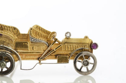 Antique Victorian Diamond, Ruby and 15ct Yellow Gold Car Automobile Brooch; set with a rose cut diamond and ruby, in silver and gold, Made in England, Circa 1880