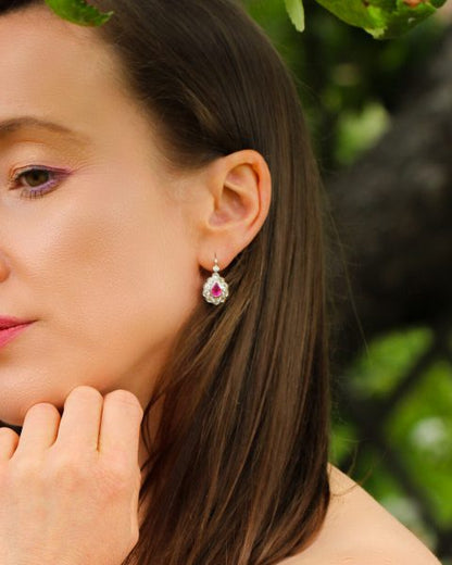 Art Deco Pink Sapphire and Old Cut Diamond Pear Cluster Drop Earrings
