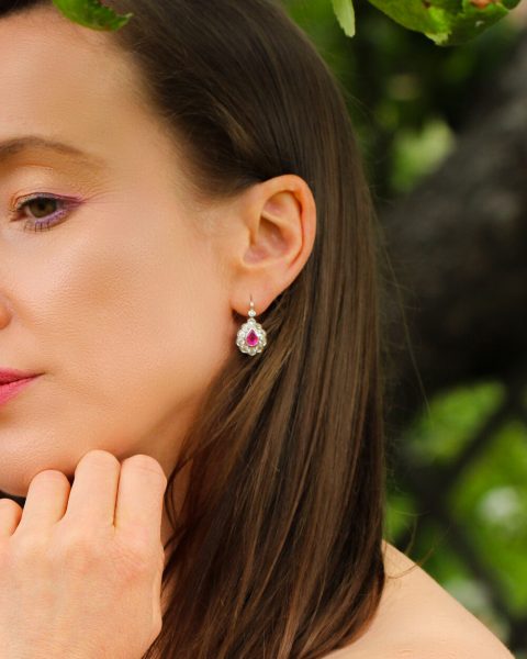 Art Deco Pink Sapphire and Old Cut Diamond Pear Cluster Drop Earrings