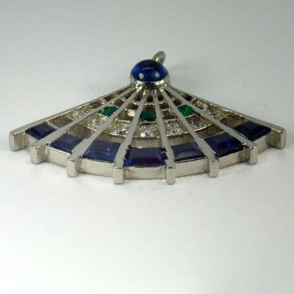 Art Deco Diamond, Sapphire and Emerald Fan Charm Pendant in Platinum